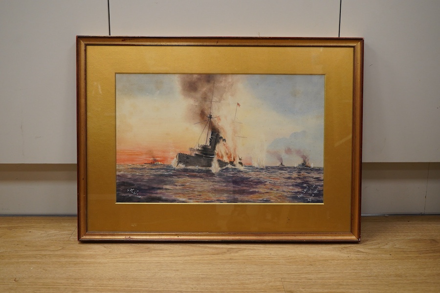 MK monogrammist, ‘The Last of the Good Hope’, WWI marine interest watercolour, initialled and dated 1915, 28 x 44cm